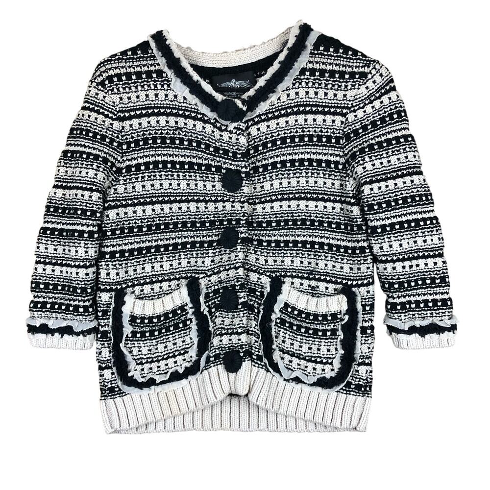 Rachel Roy Womens Sweater Black Tan Button Front Cardigan Knitted Small